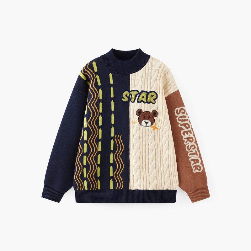 [Vip] Mqd Children s Clothing Boys  Sweater 2025 Winter New Style Kids  Color-Blocking Thickened Warm Half-Turtleneck Knit Tibetan Blue 120