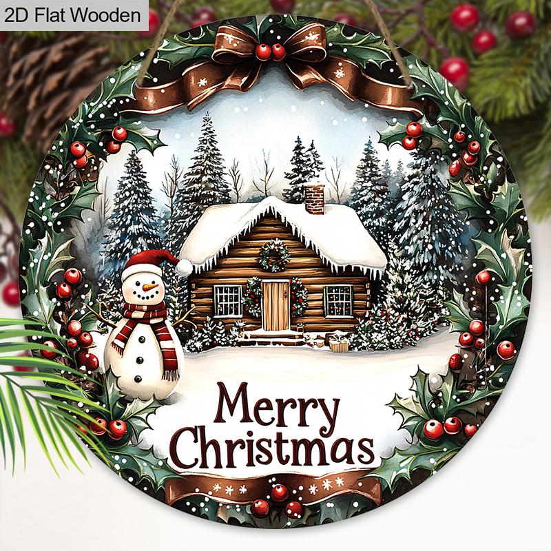 Wooden Christmas Sign with Snowman & Snow House Pattern - Navidad Round Sign for Front Door, Wall Hanging Decor - Ideal Christmas Decoration