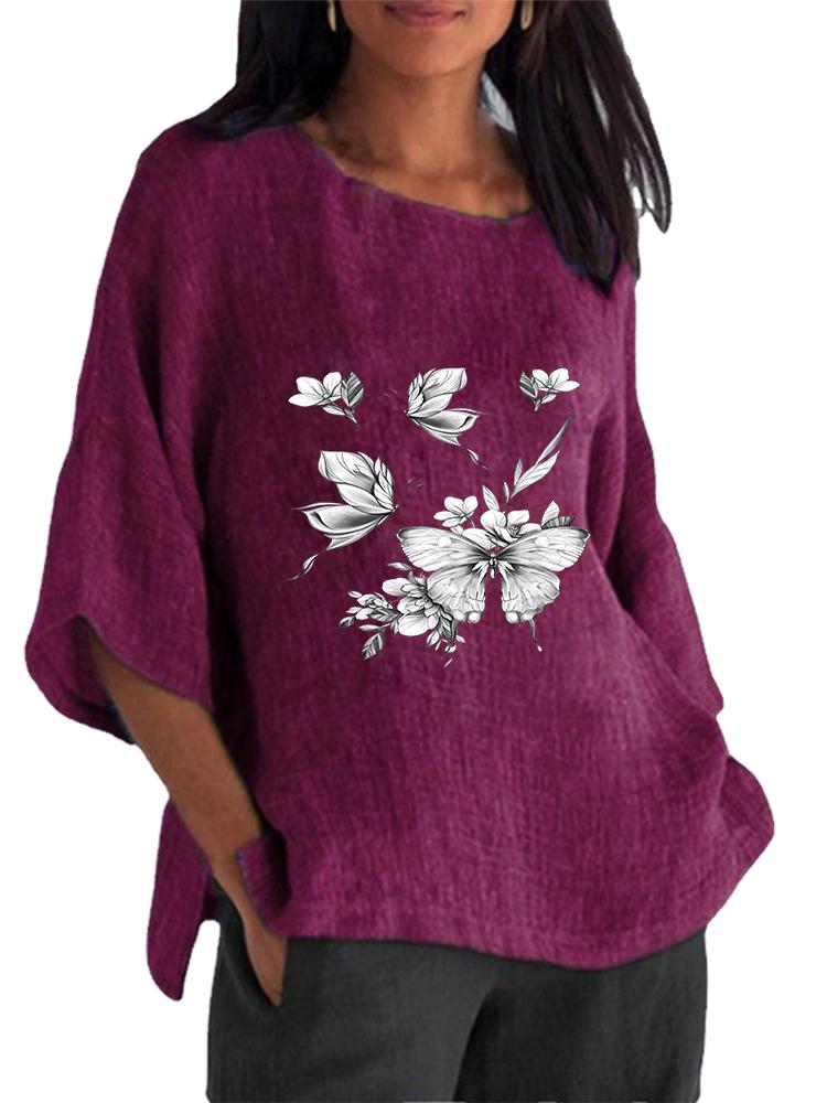 

Women Fashion O Neck 3/4 Long Sleeved Shirt Spring&summer Print Cotton Linen Blouse 5XL фіолетовий