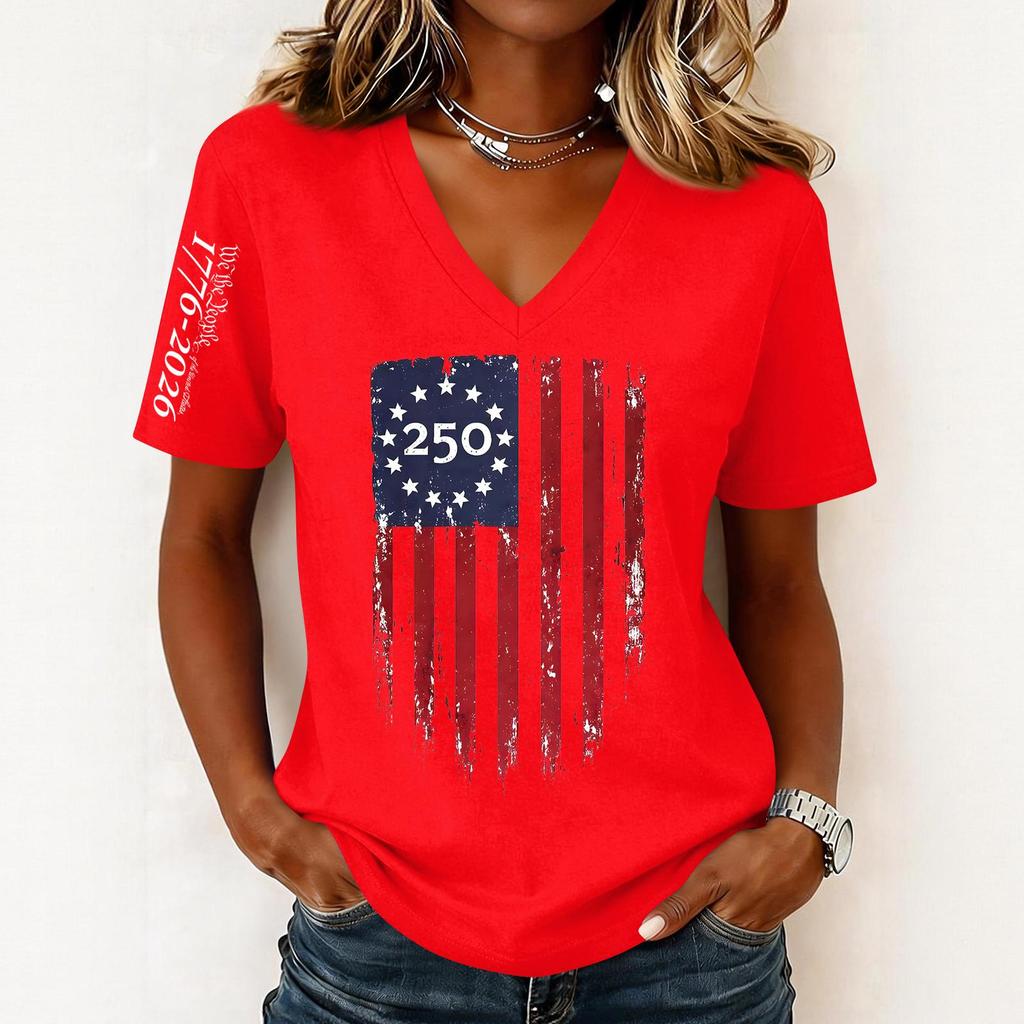 Women’s Casual V Neck Short Sleeve Pullover Top with 250th Anniversary Printed Graphic Lightweight Loose Fit T Shirt