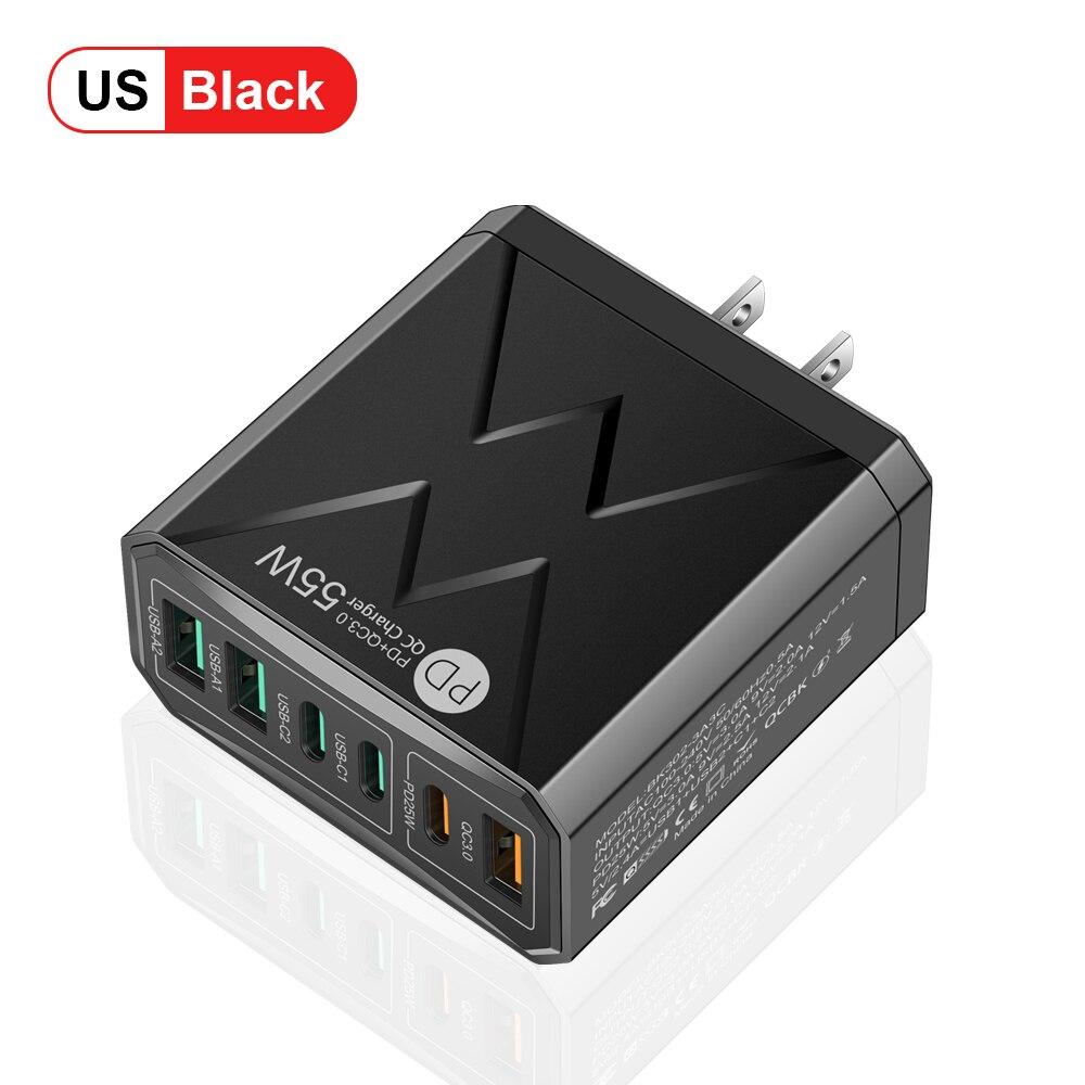 6 In 1 55W PD USB Charger Fast Charging Quick Charge 3.0 Travel Charger For iPhone Samsung Xiaomi Mobile Phone Charger
