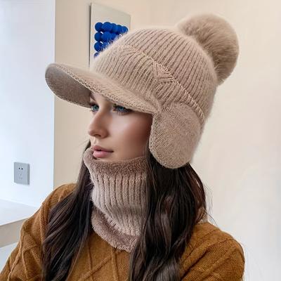 Cozy Fleece-Lined Knit Beanie with Visor Windproof, Stretchy Winter Hat for Women Outdoor Activities Cycling