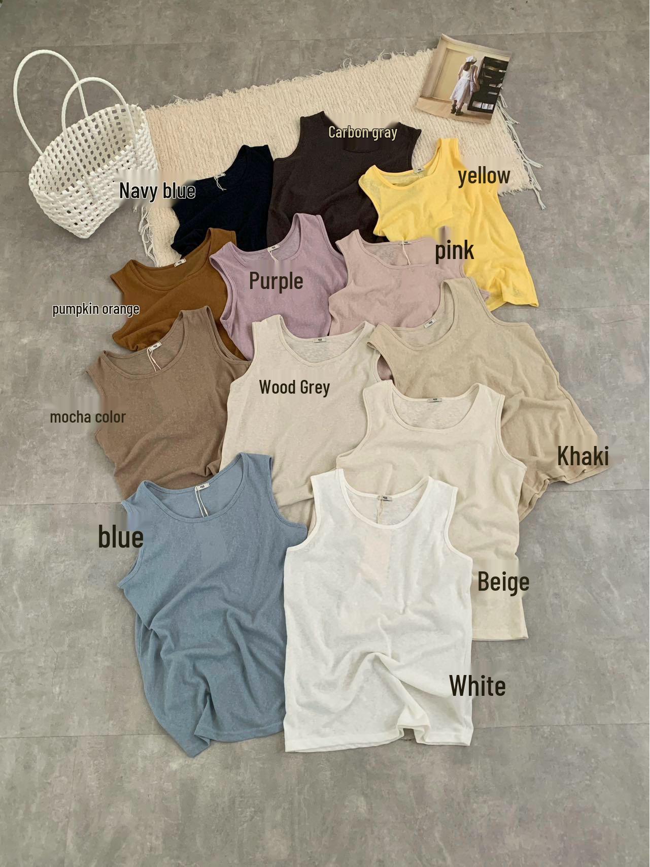 Korean Versatile Cotton-Linen Sleeveless Round Neck Top - 12 Colors L