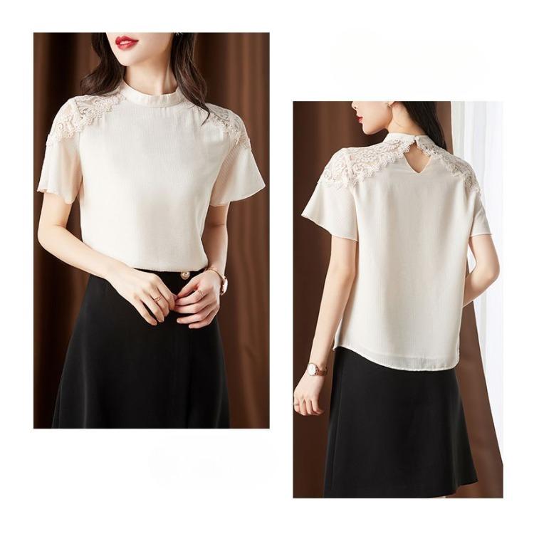 Chic Chinese Style Summer Blouse Womens Lace Short Sleeve Casual Fashion Chiffon Top
