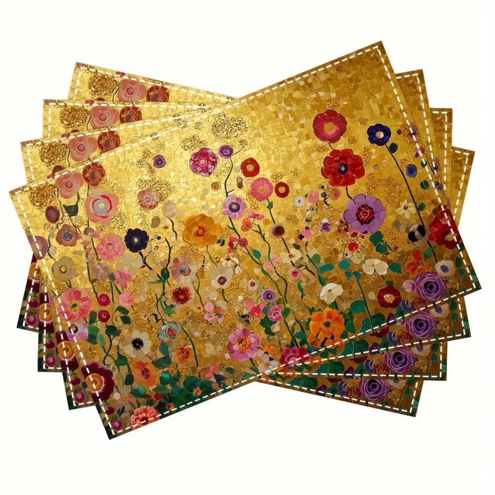 

Golden Floral Placemats Linen Luxury Dining Table Mats Elegant Kitchen Decor Boho Chic Home Accessories Washable Party Mats 4Pcs-30X45cm(12X18in