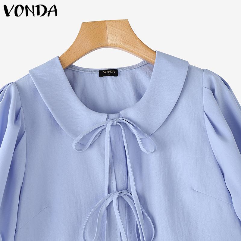VONDA Women Summer Doll Collar Short Sleeve Bow Knot Splits Casual Cute Blouse