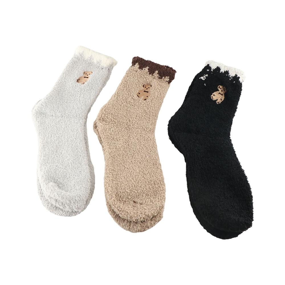 Solid Color Embroidery Bear Girls Mid-tube Socks Female Hosiery Coral Fleece Socks Cute Floor Socks