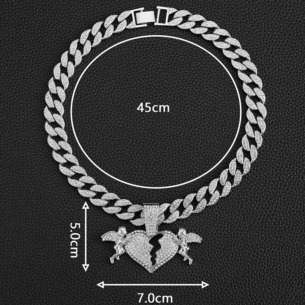 Trendy Men's Women Hip Hop Sparkling Angel Love Heart Pendant Necklace with 15mm Cuban Chain Necklace Charm Jewelry Factory Sale