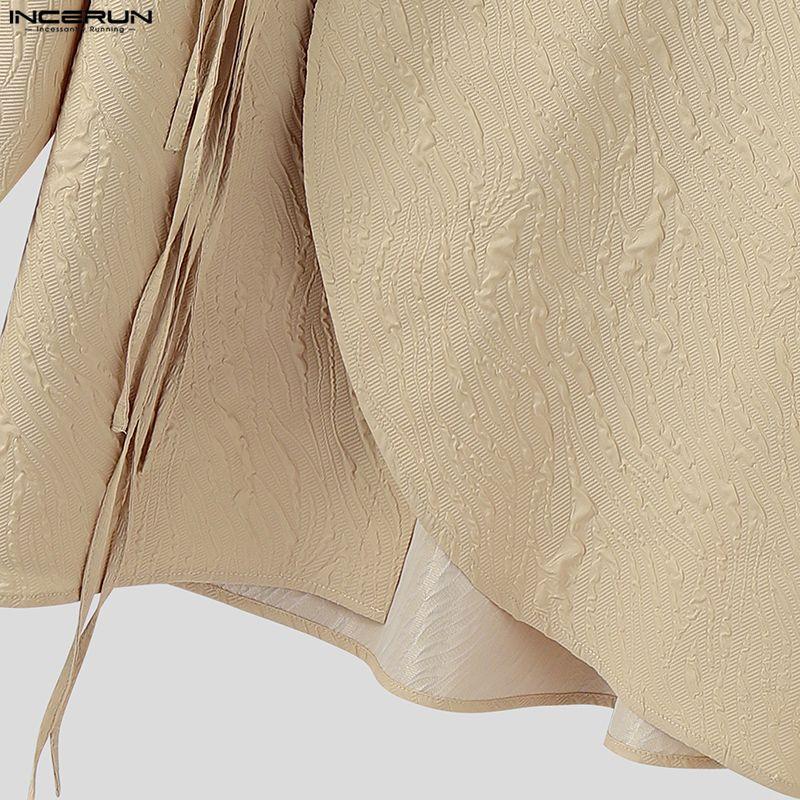 INCERUN Oversized Men Turn Down Collar Long Sleeve Side Cross Irregular Texture Shirts Tops