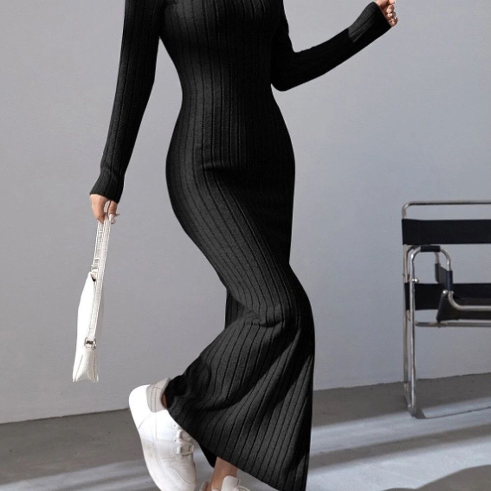 Damska seksowna dzianinowa sukienka z dekoltem w serek, rozcięciem na plecach, jesień zima, długi rękaw, elastyczny, podstawowy sweter