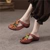 Johnature Retro Genuine Leather Colored Flower Round Toe Slippers Soft Soled Low Heel Comfortable Women's Slides