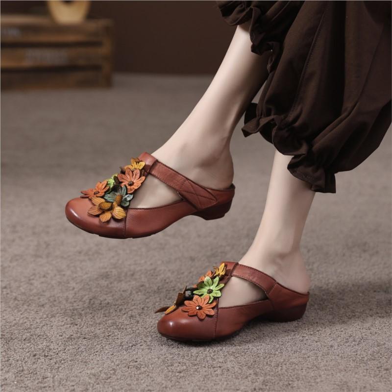 Johnature Retro Genuine Leather Colored Flower Round Toe Slippers Soft Soled Low Heel Comfortable Women's Slides