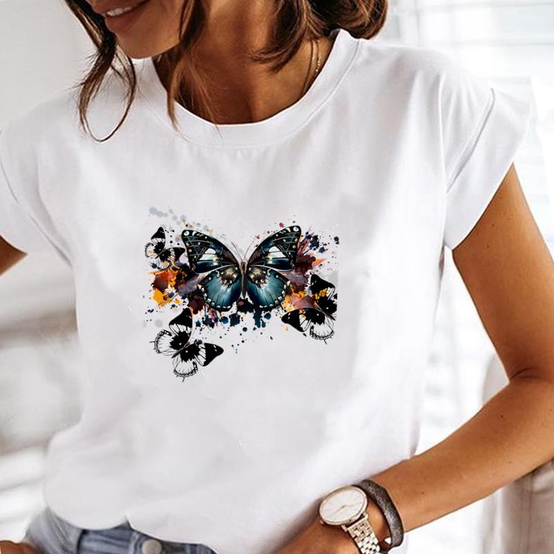 (Europäische Größe) Schmetterling T-Shirt Oberteil Aquarell Süß O-Ausschnitt Kleidung Mode T-Shirt Lässig Kurzarm Damen Druck Dame Weiblich Grafik T-Shirt