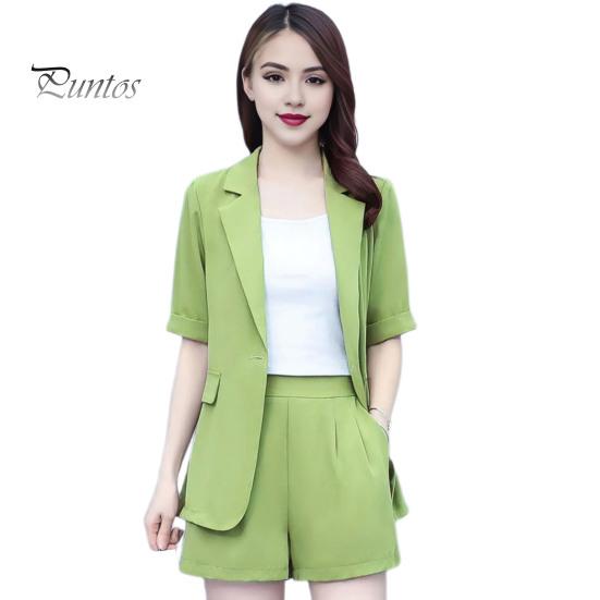 

Женский повседневный наряд из 2 предметов, блейзер с короткими рукавами и лацканами, шорты, однотонный пиджак в стиле OL, комплект с одной пуговицей, шорты, элегантный офисный костюм M зелёный