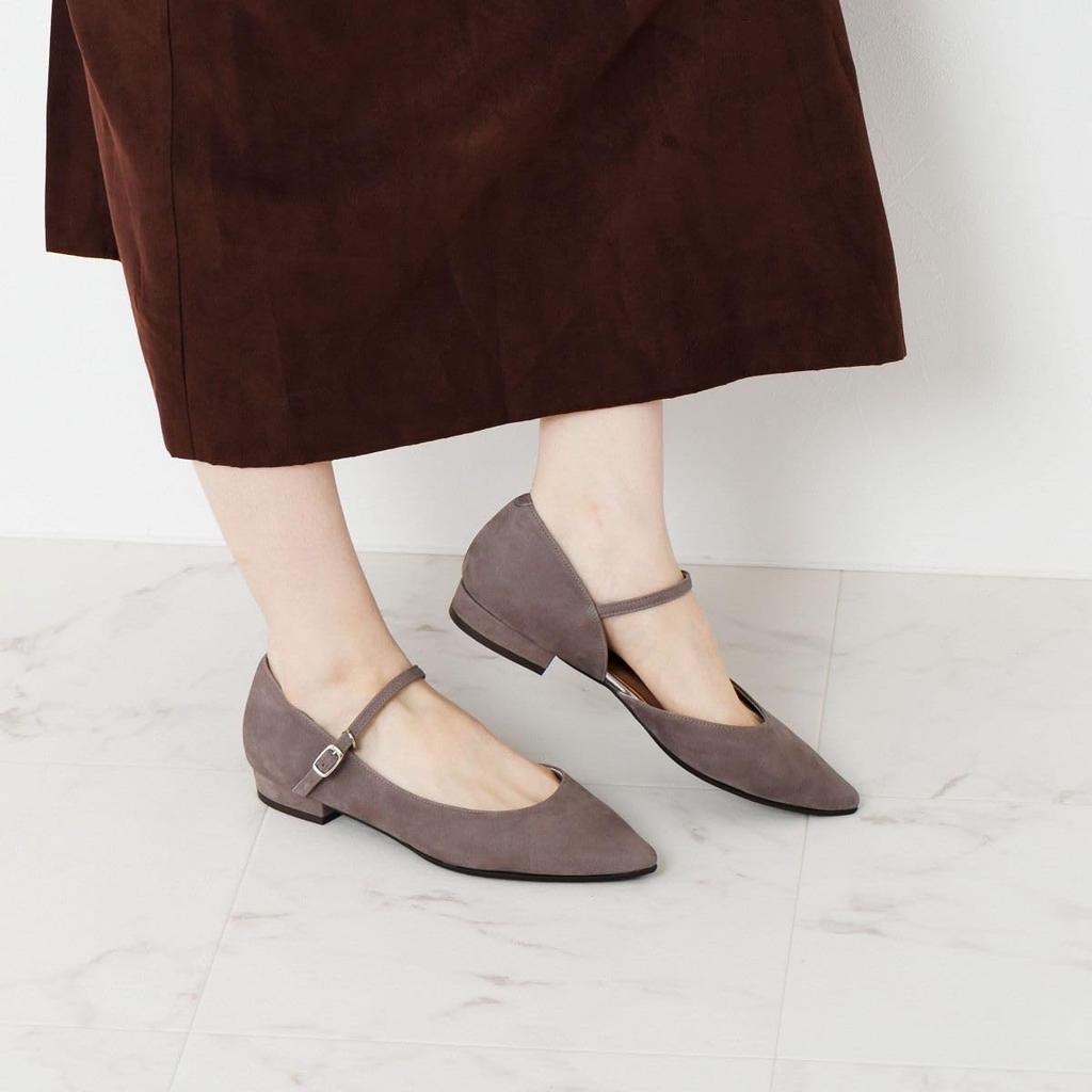 HIMIKO pointed-toe flat pumps with straps, side-open Mary Jane style, 651301, gray, size 235.