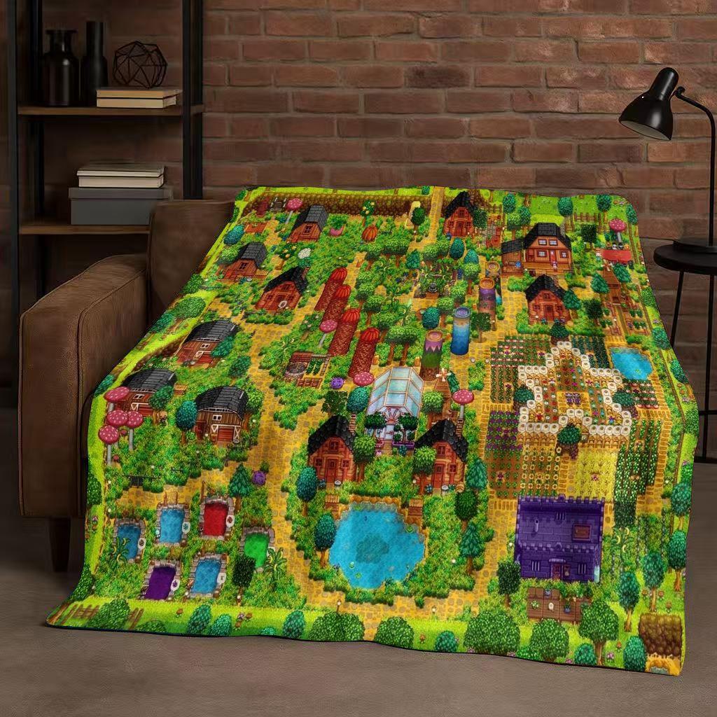 3D Retro Stardew Valley Farm Map Pixel Game Flannel Blanket,Ultra Soft Warm Plush Throw for Home Bedroom Bed Sofa Cover Kid Gift