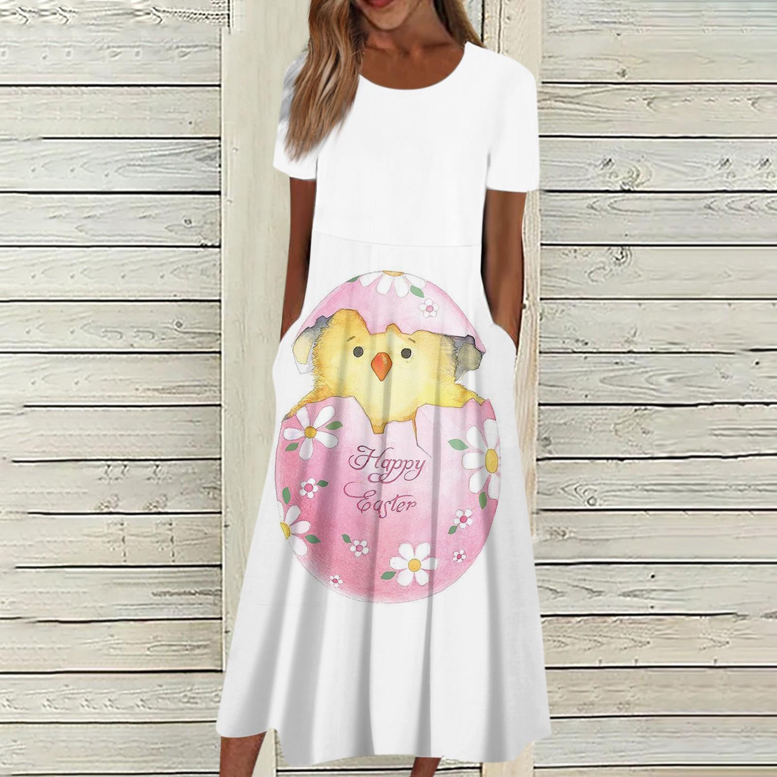 

Жіноча літня повсякденна модна великодня сукня з принтом і короткими рукавами з круглим вирізом і кишенями XXL