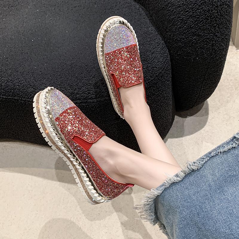 Aphixta 3cm Platform Crystals Round Toe Leather Flats Shoes Women Silver Bling Loafers Shoes Woman Flat With Students Size 43