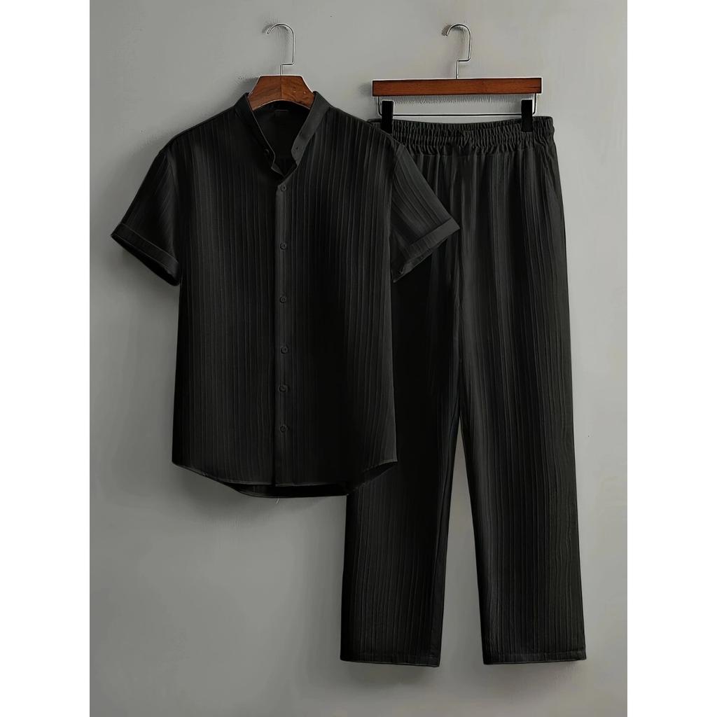 Men's Button Textured Casual Striped Short Sleeved Shirt and Elastic Straight Leg Pants Set, 2-piece Set