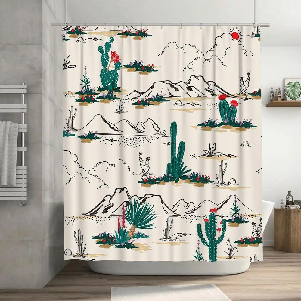 Vintage Cactus Pattern Shower Curtain Decorative Bath Mat for Bathroom Accessories Set with Ties in White Perfect Gift Idea