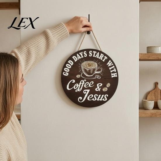 Coffee Shop Wall Art Wooden Bar Signs, Rustic Themed Hanging Sign, Cup Vintage Style Kitchen Shape & Round Wood Plaque for Farmhouse Decor
