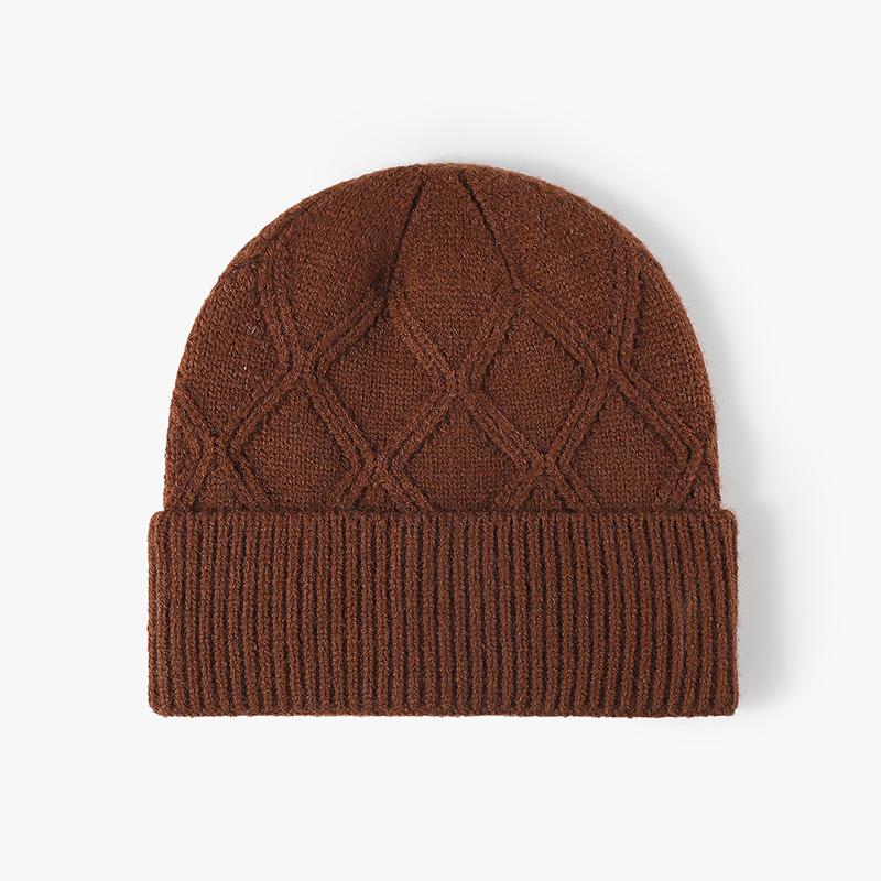 Unisex Winter Knitted Beanie Hat With Diamond Pattern Warm Soft Wool Blend Cuffed Skull Fashion Cold Weather Headwear  Women Men