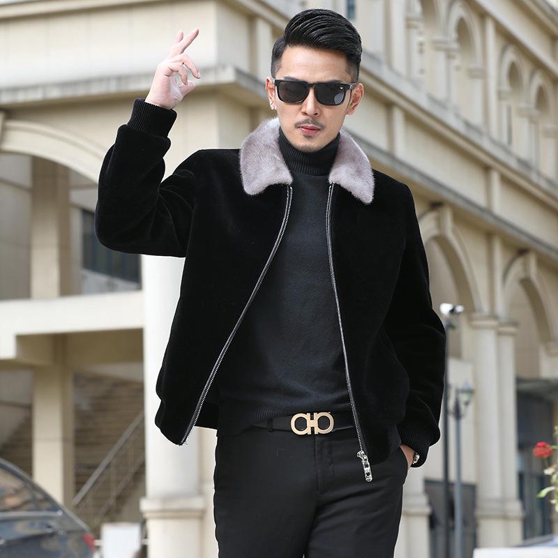 2024 Autumn/Winter Men's Thick Faux Mink Fur Coat with Full White Collar