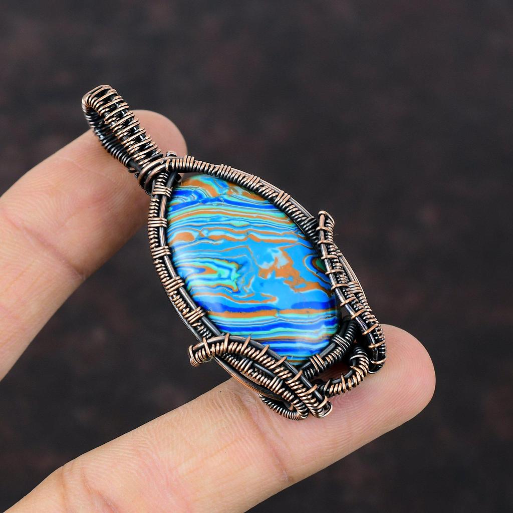 Regenbogen Calsilica Anhänger Kupferdraht gewickelter Anhänger Antikschmuck Edelsteinanhänger Handgefertigter Anhänger Erstaunlicher Kupferschmuck Geschenk für Ihn