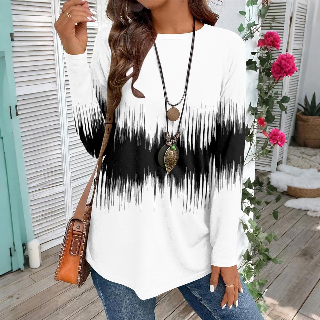Women's Casual Plus SizeLong Sleeved Round Neck Vintage Ethnic Printing T-shirt Top Pullover