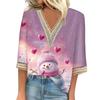 Women's Loose Casual Three-quarter Sleeve V-neck Lace Loose Christmas Print T-shirt Top