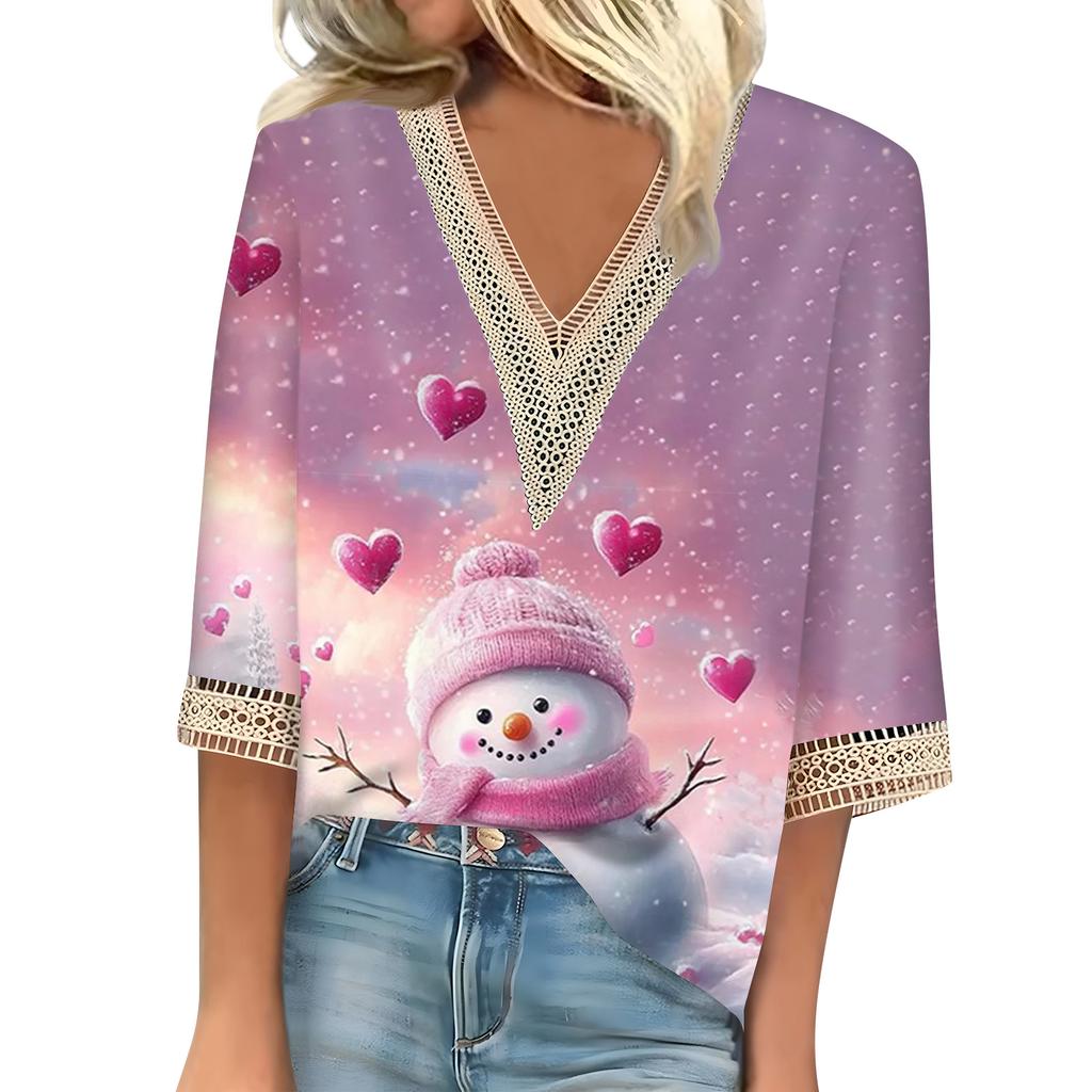 Women's Loose Casual Three-quarter Sleeve V-neck Lace Loose Christmas Print T-shirt Top