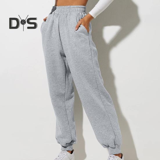 Women Pants High Elastic Waist Ankle Banded Solid Color Casual Soft Warm Pockets Loose Spring Fall Sweatpants Jogging Trousers
