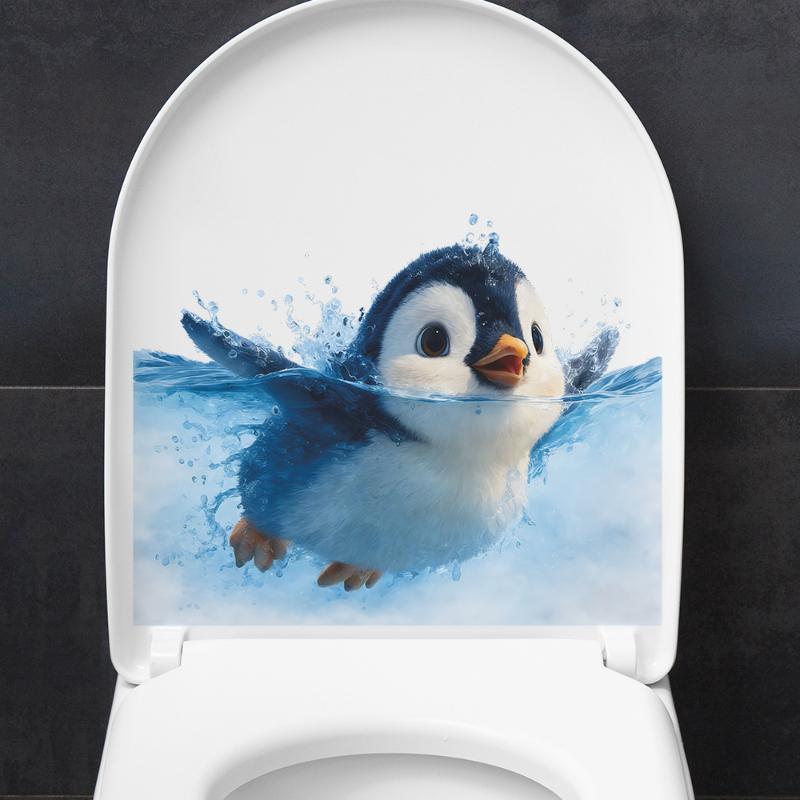 Waterproof Self Adhesive Swimming Penguin Toilet Lid Sticker Cute Removable Decal for Home Bathroom Decoration