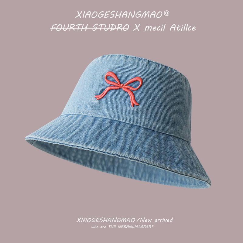 Embroidered bucket hat women travel sunscreen sunshade denim basin hat fashion new sweet bow