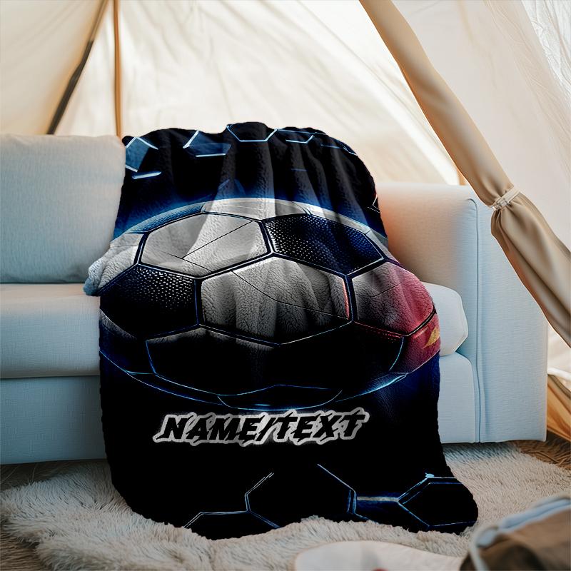 1PC Custom Name Futuristic Soccer Ball Outdooor Flannel Blankets Throw Blanket All-Season Throw Gift Bedspread for Couch, Bed, Camping Holiday Birthda