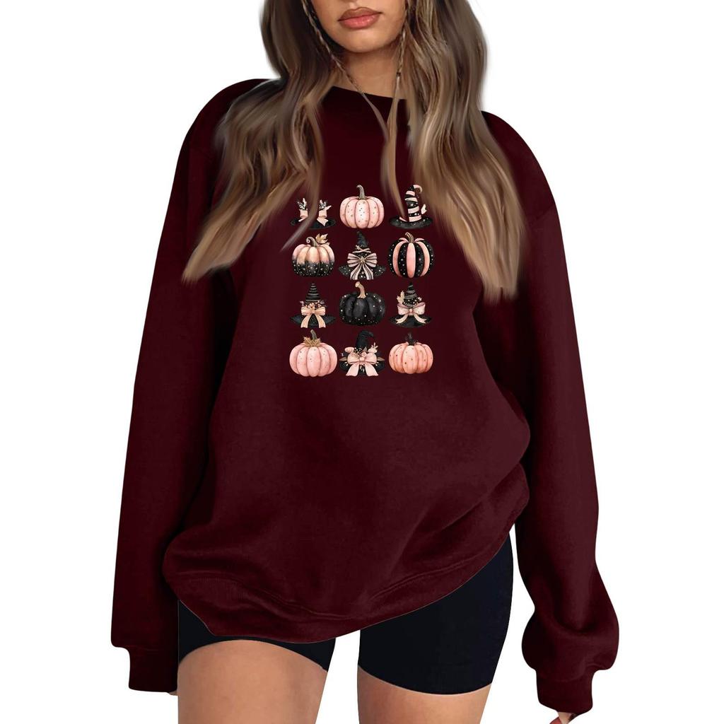 Women's Long Sleeve Neck Sweatshirt Loose Fit Casual Pullover Top with Small Halloween Print