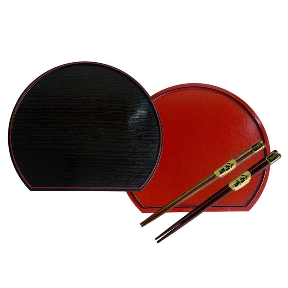 Yamaga Lacquerware Shop Half-Moon Tray (2 Pieces) and Chopsticks (2 Pairs) - Total 4-piece Set. Available In 4 Sizes. Stylish and Elegant Tray/placema