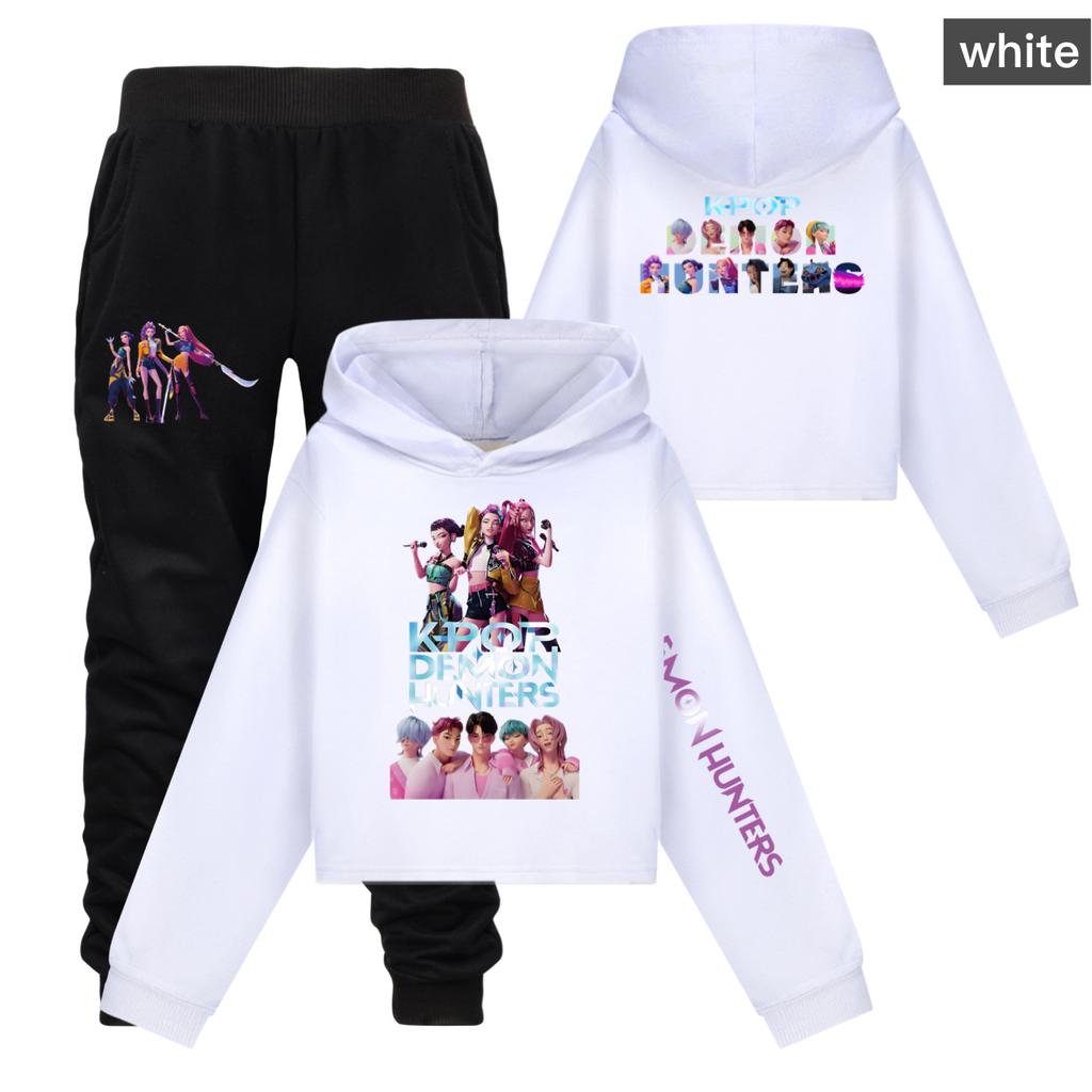 Girls Clothing Sets Kpop Witch Hunt Girls' Half Waist Short Hoodie Single and Double Sleeve Printed Casual Set