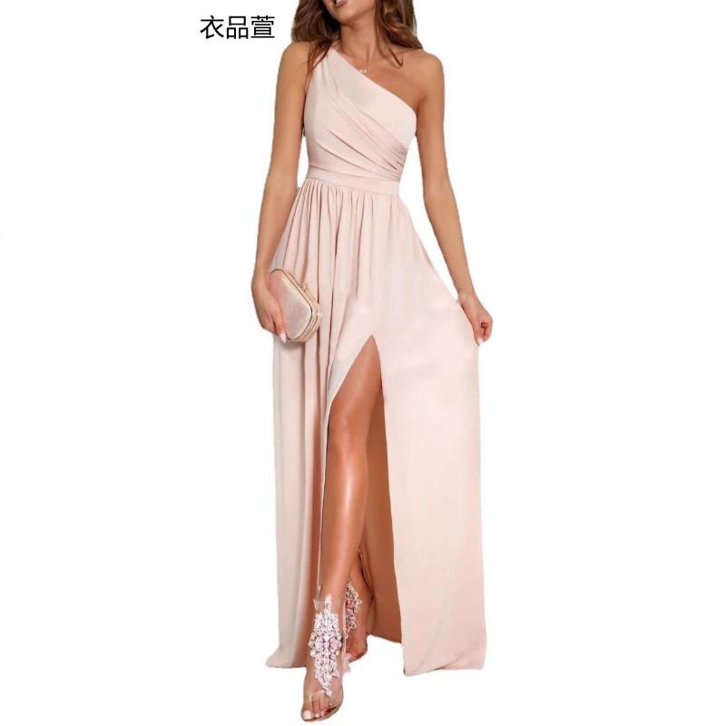 New product, sexy solid color single shoulder hollow neck high waist split super long dress women's clothing