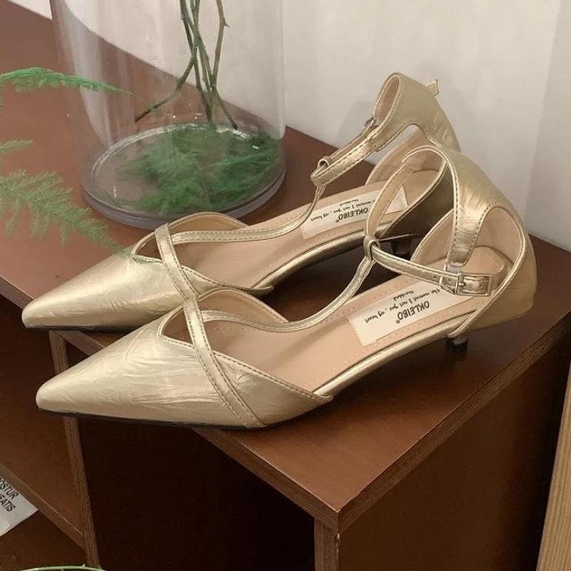 

Модные Элегантные Туфли-лодочки с Острым Носком, Т-образным Ремешком и Низким Каблуком, Женская Модная Обувь на Щиколотке с Пряжкой, Каблук-рюмочка, Дизайнерская Обувь, Сексуальная Банкетная Обувь для Платья 38 золотой
