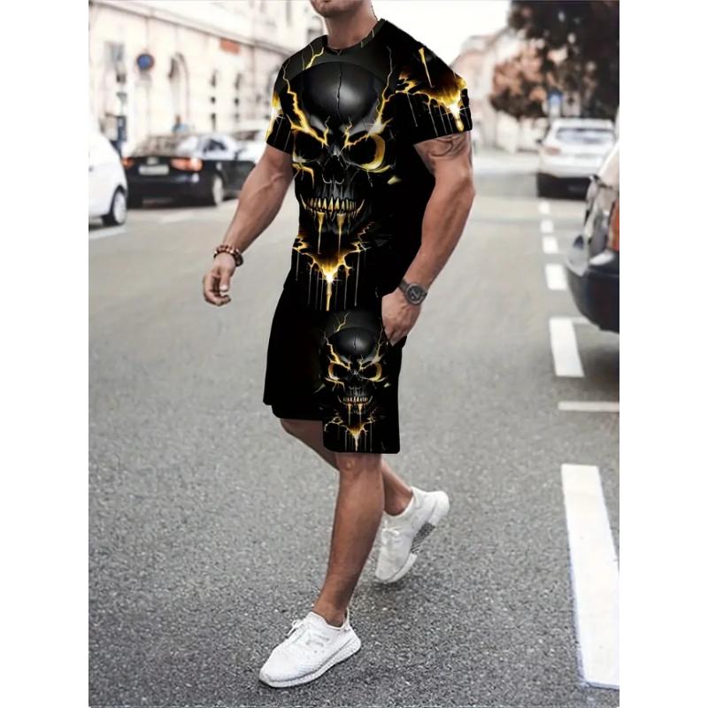 Traje de Moda Estampado 3D de Coco Hawaiano Cuello Redondo para Hombre Casual Diario Manga Corta y Pantalones Cortos Traje de Moda Urbana Harajuku