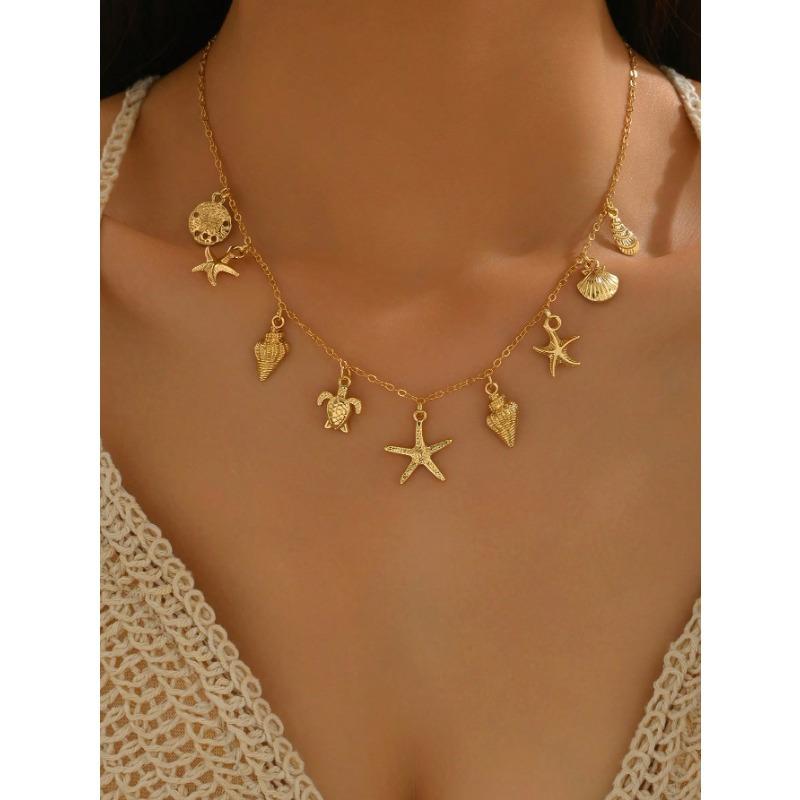 1pc Bohemian Style Random Starfish, Shell, Turtle Pendant Necklace, Suitable for Beach Vacation, Travel, Party, Dinner Wear