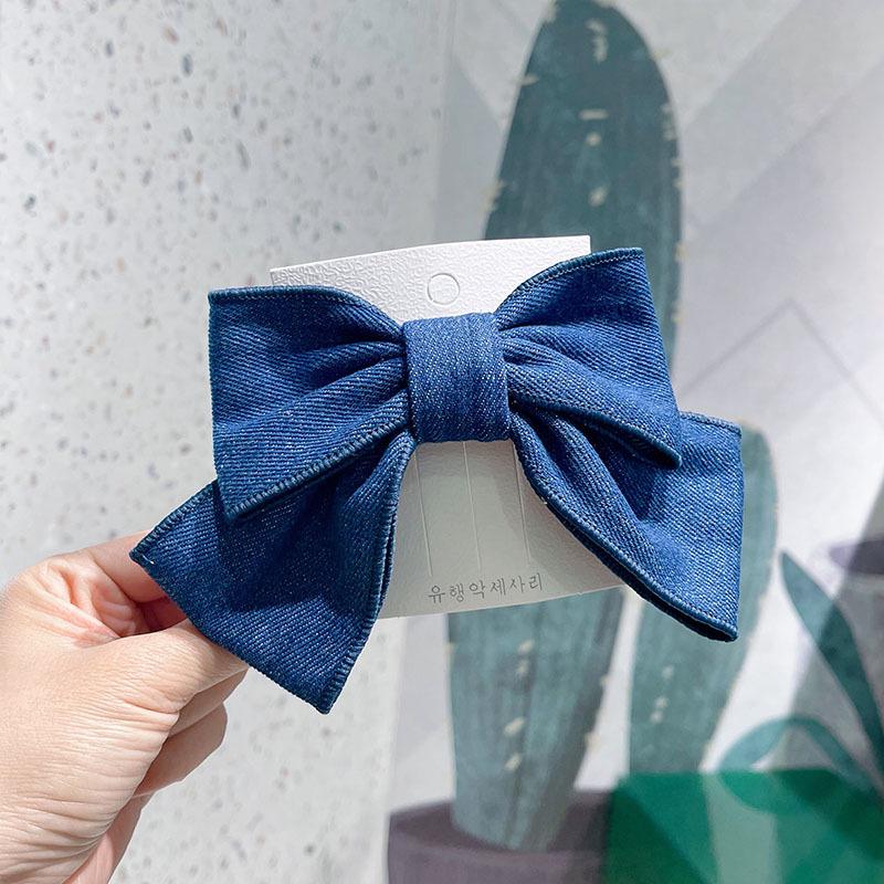 Korean Denim Bow Hair Clip with Rhinestones - Cute Princess Style Hair Accessory for Women