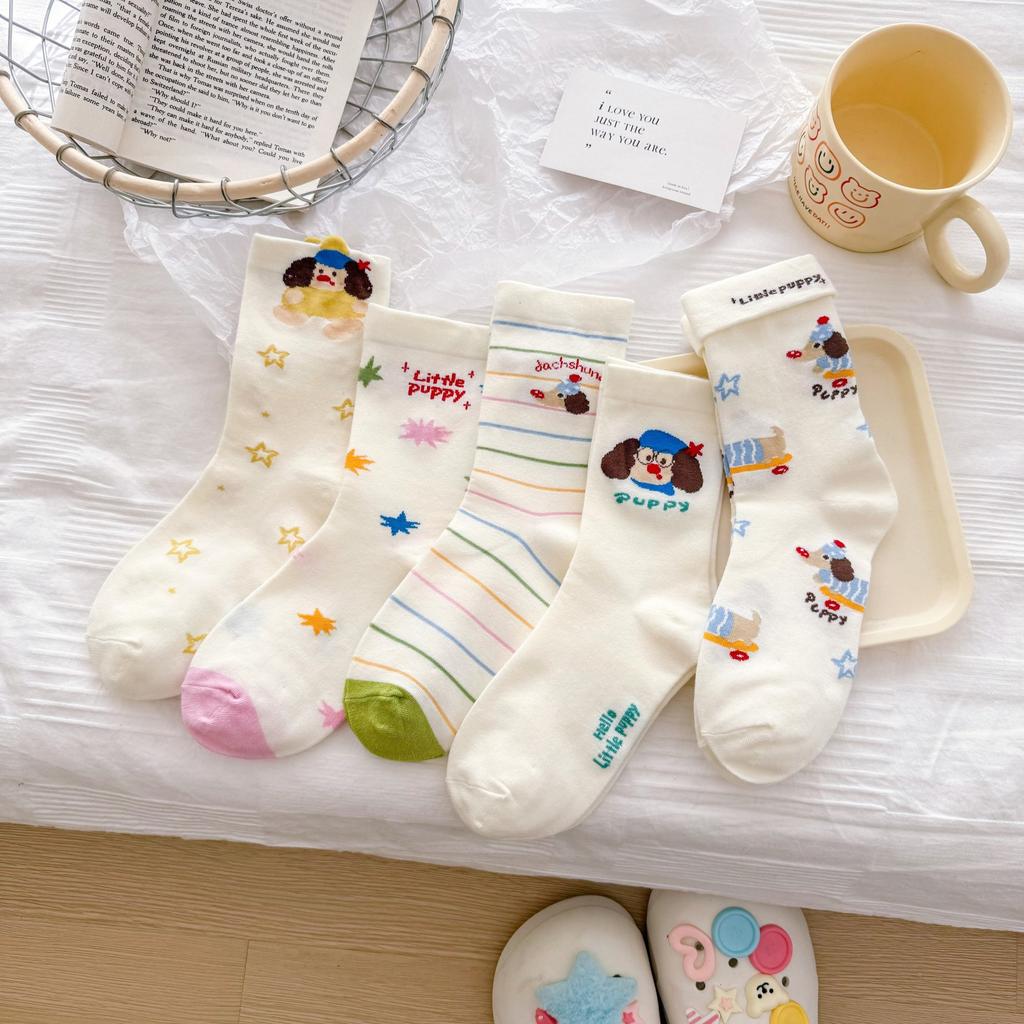 Cute Dachshund Puppy Socks Girls Season Preppy Illustration Cartoon Stripes Preppy Summer Stockings