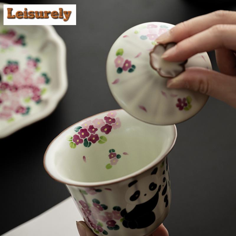 120ml Antique Ru Kiln Porcelain Gaiwan Chinese Cute Panda Sancai Cover Bowl Tea Making Tea Tureen Women Cafes Teaware Collection