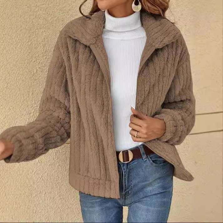 Women Fleece Basic Jacket Casual Female Turn Down Collar Teddy Pit Warm Zip Up Short Coats