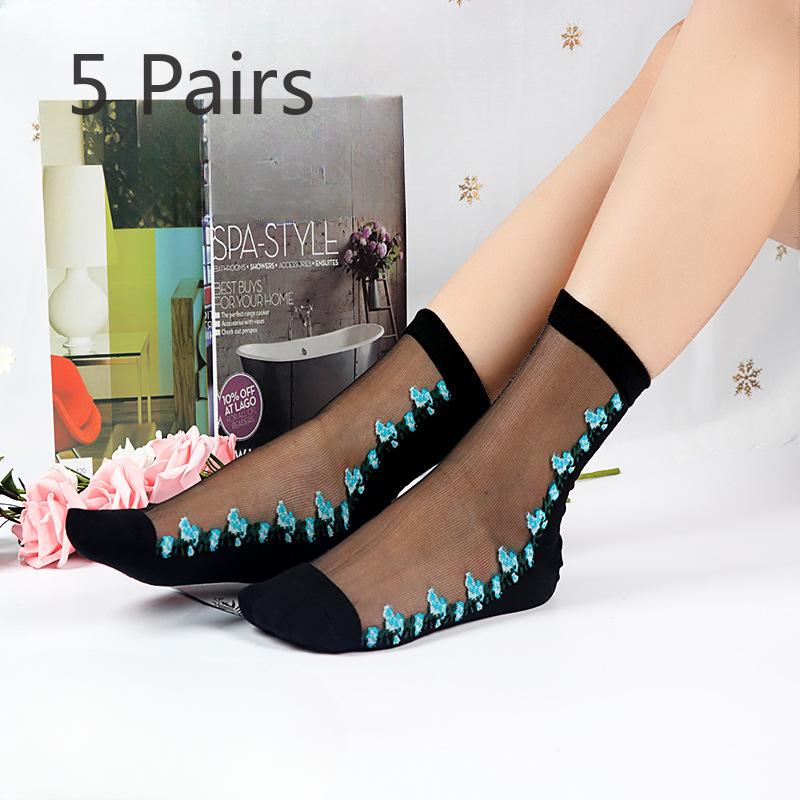 5 Paar Damen Frühling und Sommer Dünne Blume Anti Seide Klare Baumwollsohlen In der Röhre Socken