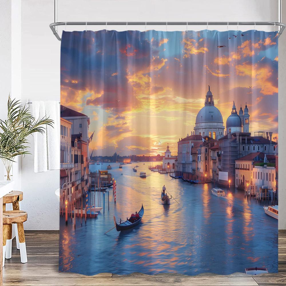 Griechische Stadtlandschaft Ölgemälde Duschvorhang Venedig Italien Straßenansicht Europäische Landschaft Badezimmer Dekor Polyester Badvorhang