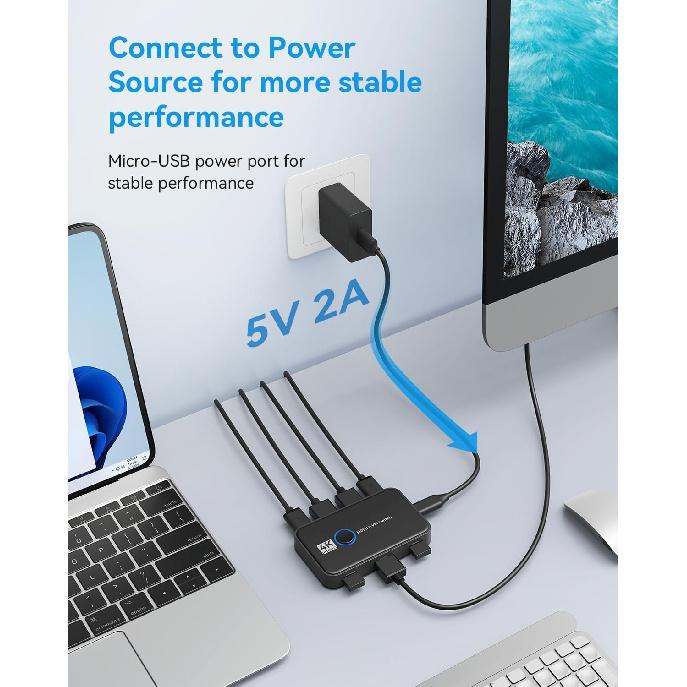 KVM Switch HDMI for 2 Computers Sharing One HD Monitor, Keyboard, and Mouse - Support 4K@60Hz, 2 HDMI Cables, 2 USB Cables, 1 USB C Charge Cable