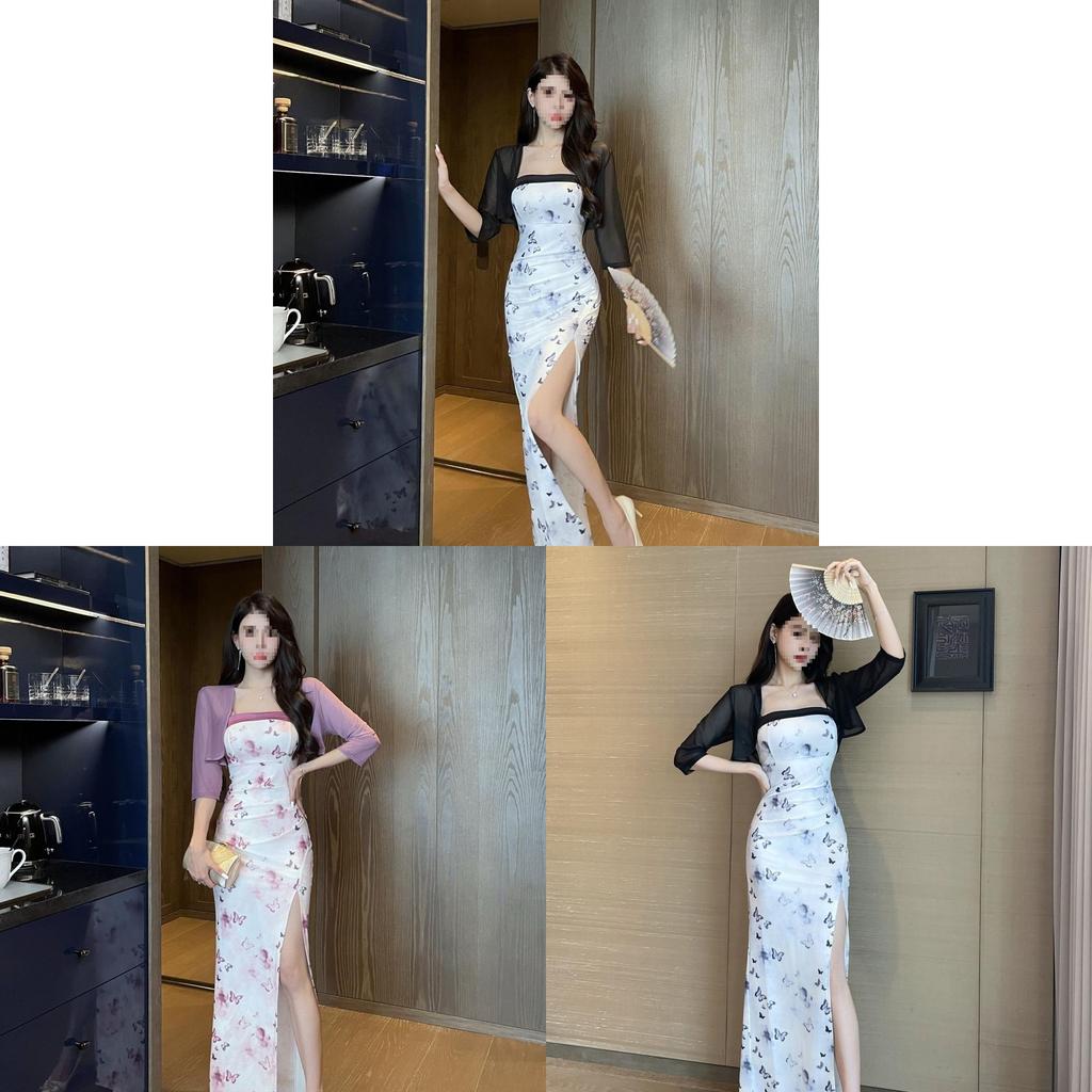 Vintage Floral Print Knit Dress With Side Slit For Summer Casual Wear